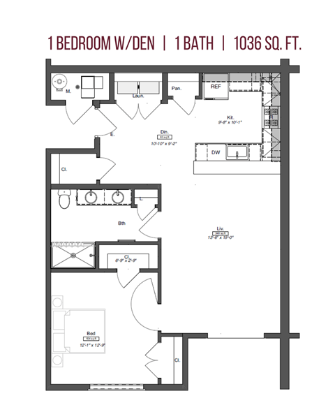 Floor plan for 1 bed, 1 bath, 1036 sqft